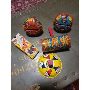 Lot Of 5 Vintage Kirchhof Tin Metal Lithograph Party Noise Makers Toys Favors